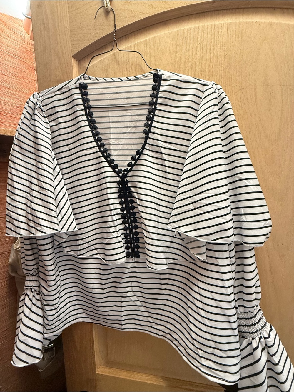 Striped V-Neck Flutter Sleeve Blouse in Black & White